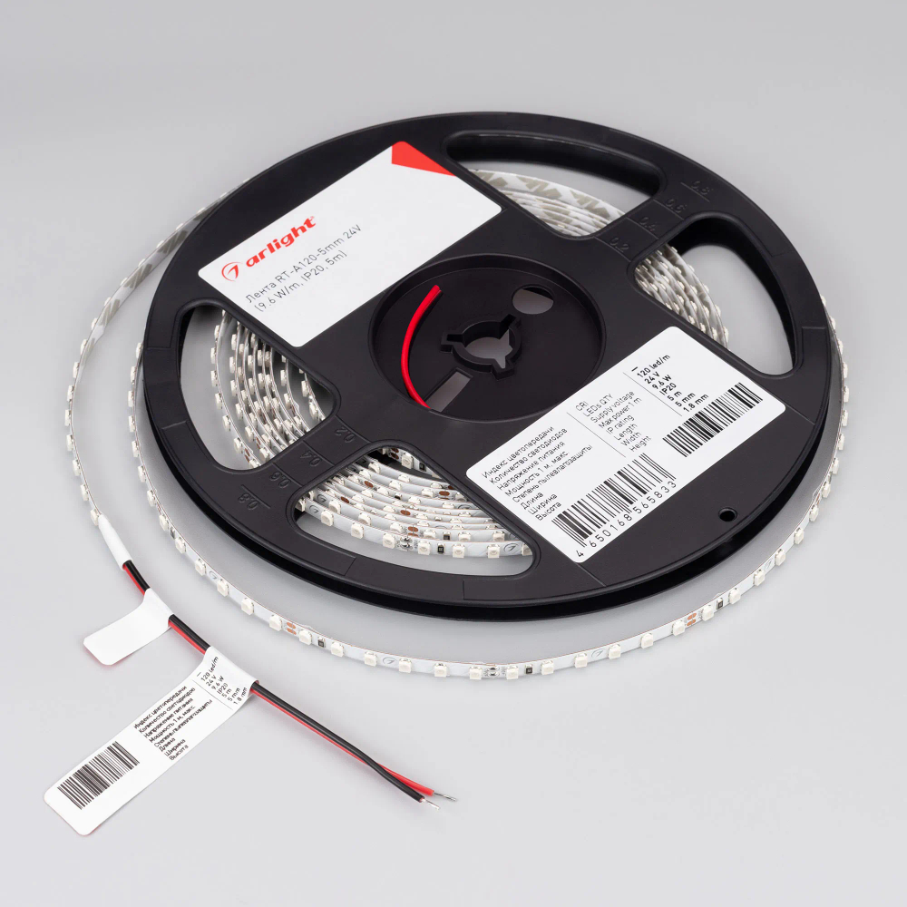 Светодиодная лента RT-A120-5mm 24V Red (9.6 W/m, IP20, 2835, 5m) (Arlight, 9.6 Вт/м, IP20) 015657(2)