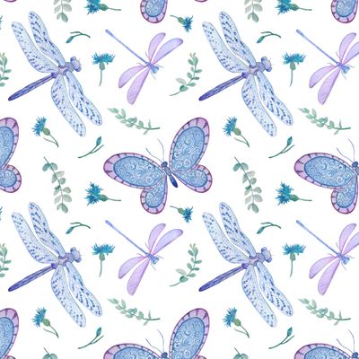 акварельный паттерн с бабочками и стрекозами