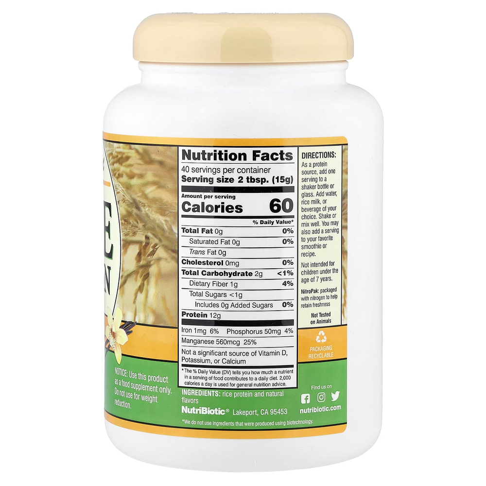 NutriBiotic, необработанный рисовый протеин, ваниль, 600 г (1 фунт 5,16 унции)