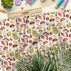 Ткань бифлекс лесные грибы и желтеющие листья на белом фоне