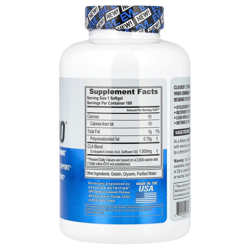 EVLution Nutrition, CLA1000®, средство для коррекции веса без стимуляторов, 180 капсул (1000 мг в 1 капсуле)