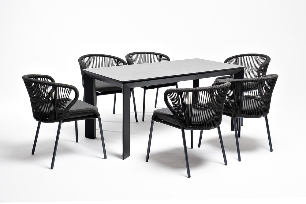 "Венето" обеденная группа на 6 персон со стульями "Милан", каркас темно-серый, роуп темно-серый