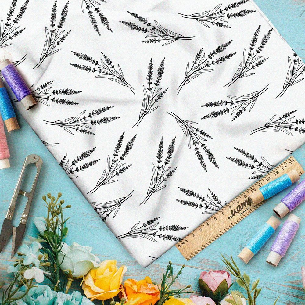 Ткань оксфорд 600 эскиз душицы на белом фоне