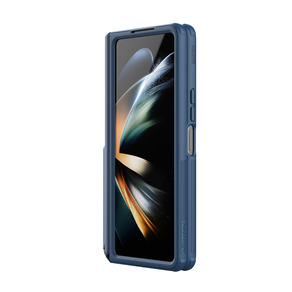 Двухкомпонентный чехол синего цвета на Samsung Galaxy Z Fold 5 от Nillkin, серия Super Frosted Shield Fold, в комплекте со съемным держателем для S Pen