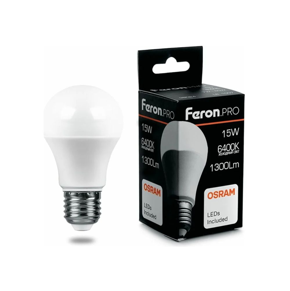 Feron.PRO Лампа св/д ЛОН A60 E27 15W 1300lm 6400K 6K матовый 125x60 OSRAM LED LB-1015 38037