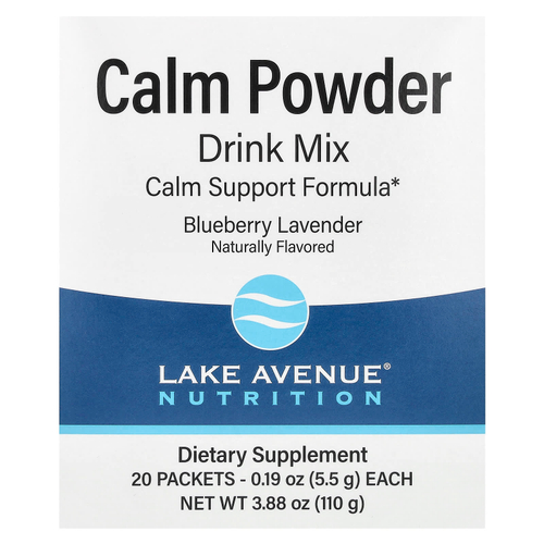 Lake Avenue Nutrition, Calm, успокаивающая порошковая смесь для приготовления напитков с калием и смесью AminoCalm, L-триптофаном и L-теанином, голубика и лаванда, 20 пакетиков по 5,5 г (0,19 унции)