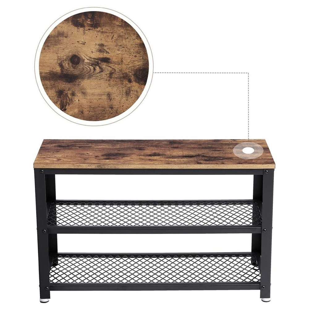 Полка для обуви, ДСП+сталь, 3 секц, 73х30х45 см, с сиден, корич-черн, Vasagle, Лофт, LBS73X