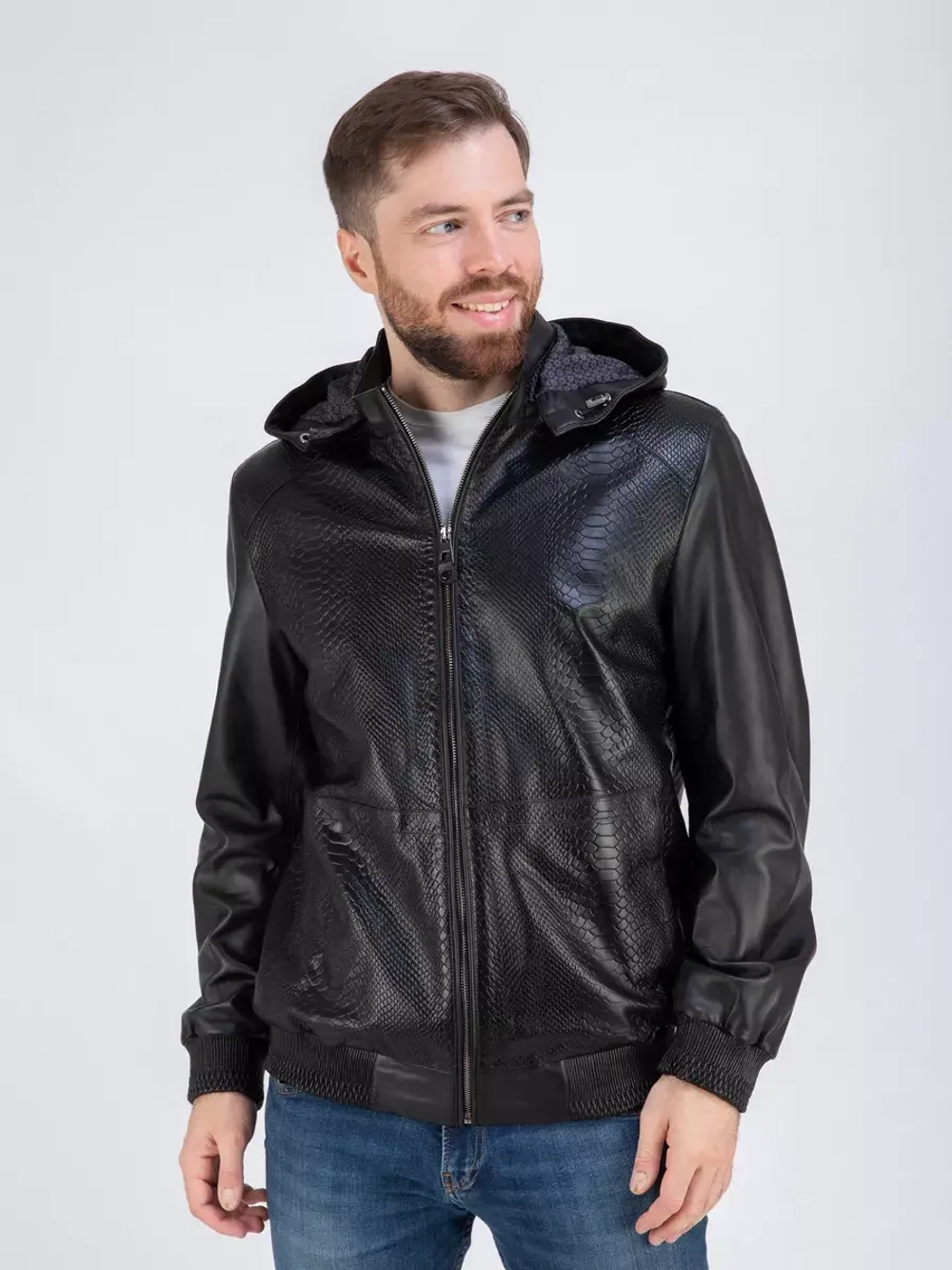 Куртка кожаная демисезонная с капюшоном Турция