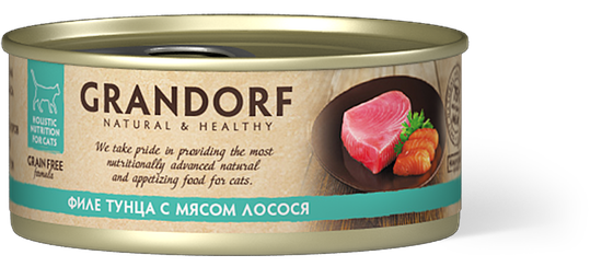 Grandorf Консервы для кошек Филе тунца с мясом лосося в бульоне 70г Grandorf Консервы для кошек Филе тунца с мясом лосося в бульоне 70г