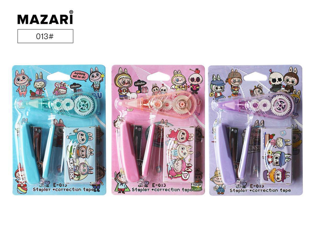 Набор 3предм.: степлер №10, скобы 500шт., корректирующая лента 5мм.х4м. "Зубастик" блистер (Mazari)
