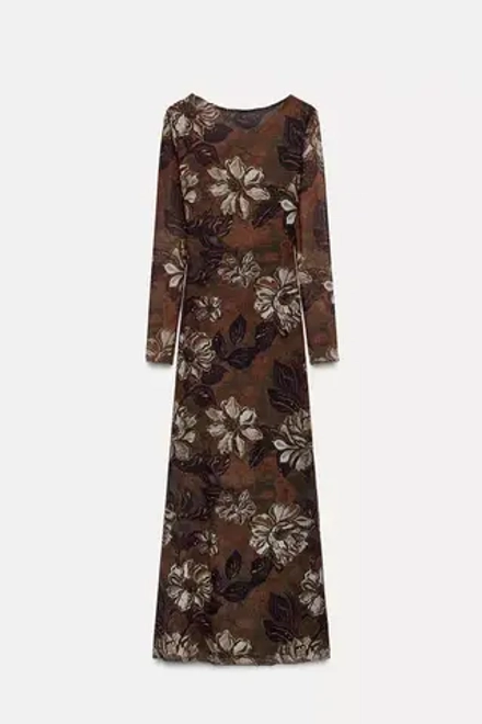 ZARA ПЛАТЬЕ ИЗ ПРОЗРАЧНОЙ ТКАНИ С ПРИНТОМ, СВЕТЛО-КОРИЧНЕВЫЙ