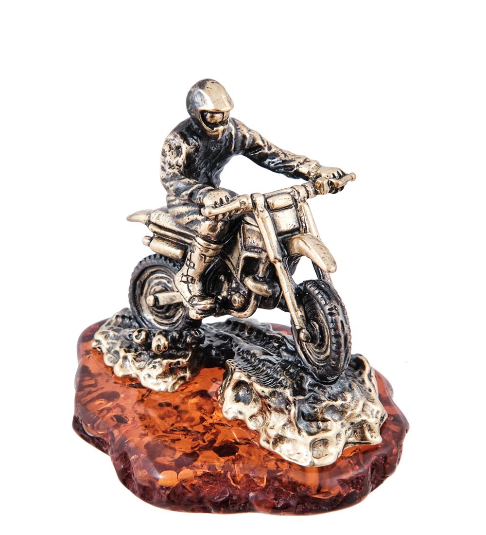Народные промыслы AM-3958 Фигурка «Мотоциклист Питбайк кросс» (латунь, янтарь)