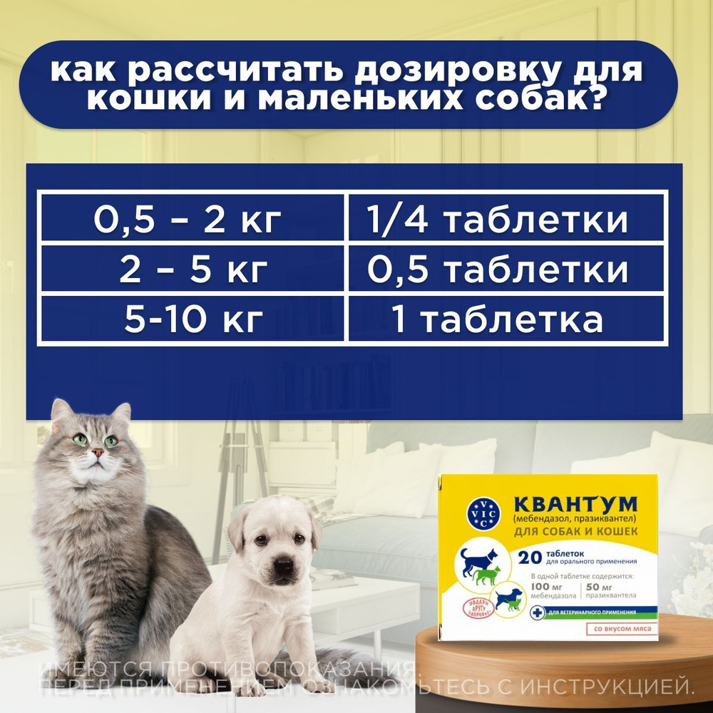 Таблетки от гельминтов для собак и кошек со вкусом мяса Квантум (VIC), 20 таб. Мебендазол/Празиквантел