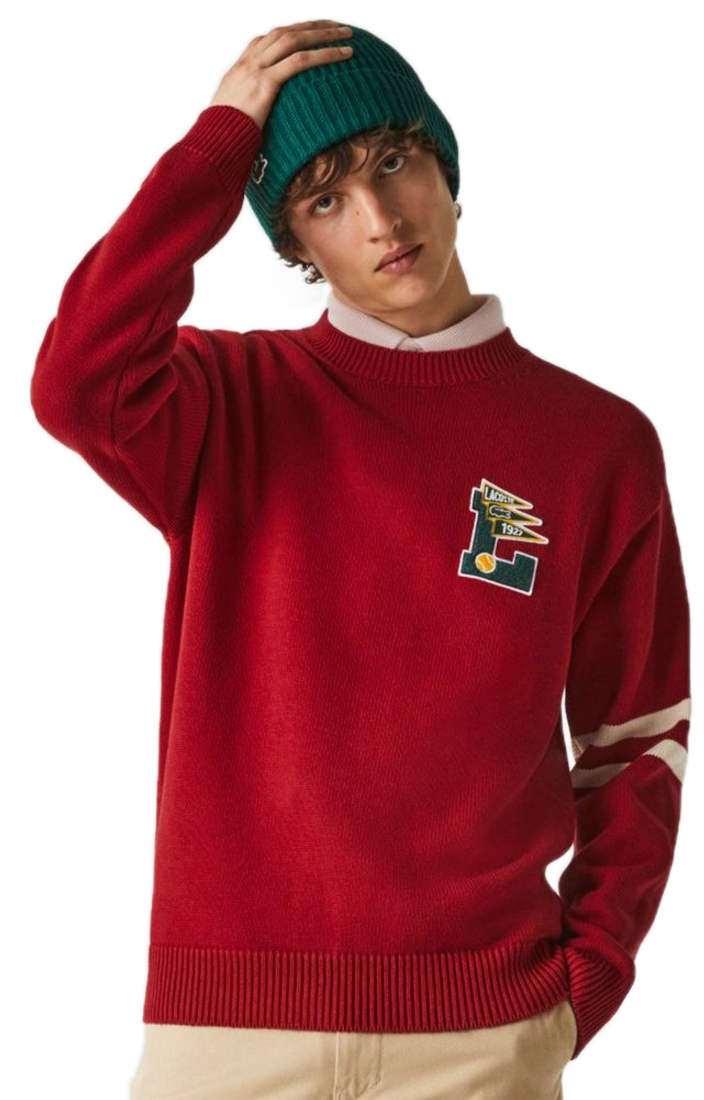Мужская теннисная кофта Lacoste Men’s Crew Neck Pennants L Badge Wool And Cotton Sweater - red/beige