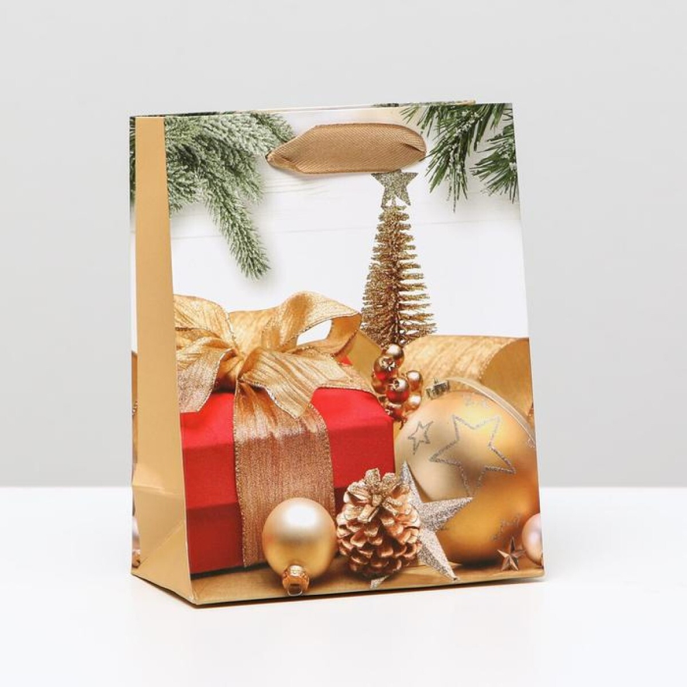 Пакет подарочный новогодний "Золотые украшения", 11,5*14,5*6см