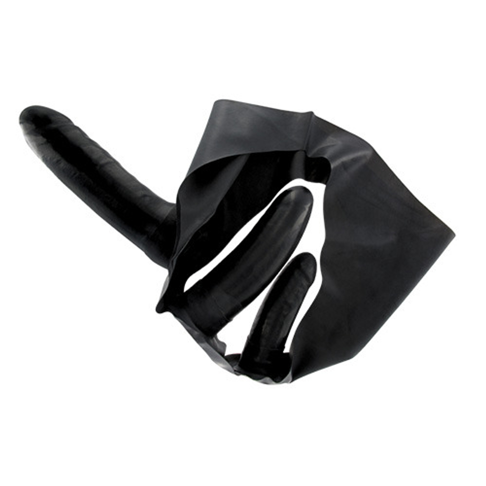 Чёрный латексный страпон с вагинальной и анальной пробками SLIP WITH STRAP ON IN LATEX 2 FOR ME 1 FOR YOU - 14 см. (Размер: S-M-L) (Цвет: черный)