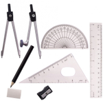 Готовальня Alingar, 11 предметов, металлический циркуль, кронциркуль,карандаш, набор линеек 4 шт, трафарет 2 шт, ластик, точилка, пластиковый футляр