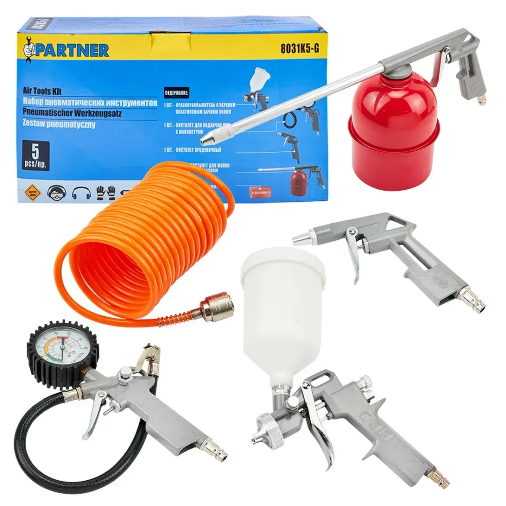 Набор пневмоинструмента 5пр. (краскопульт-сопло 1.5мм,обдувочник,подкачка,промывка+шланг 5м) Partner PA-8031K5-G(E70)(51065к.)