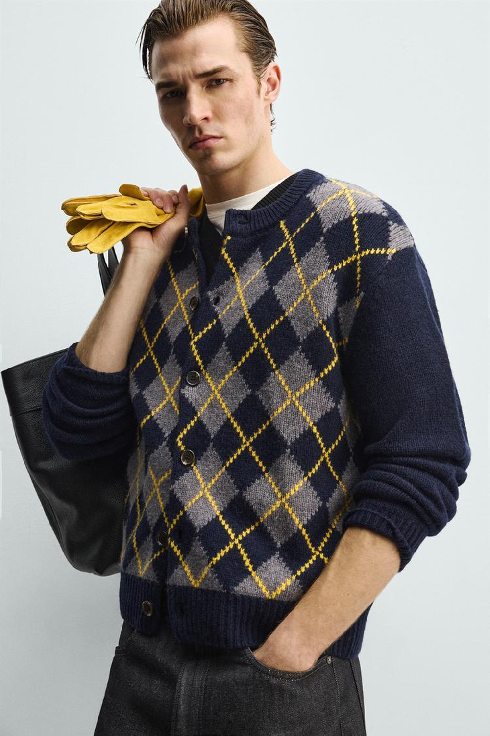 ZARA КАРДИГАН ИЗ 100% ШЕРСТИ С УЗОРОМ, СИНИЙ