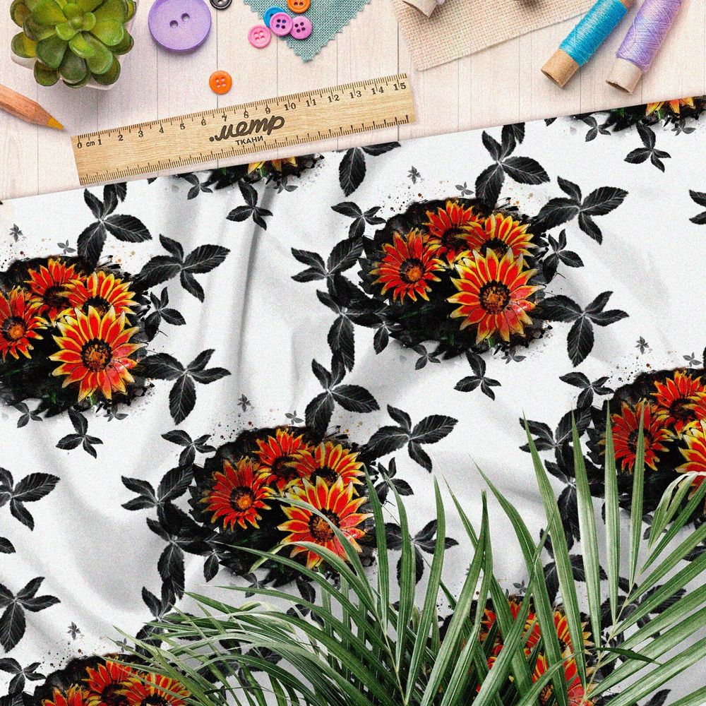 Ткань муслин цветы с черными листиками