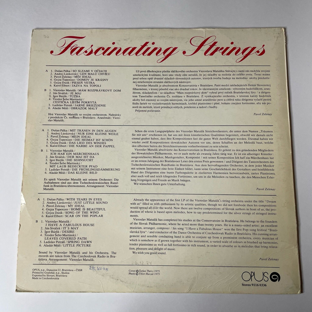 Винтажная виниловая пластинка LP The String Orchestra Of Vieroslav Matusik Fascinating Strings (Чехословакия 1976)