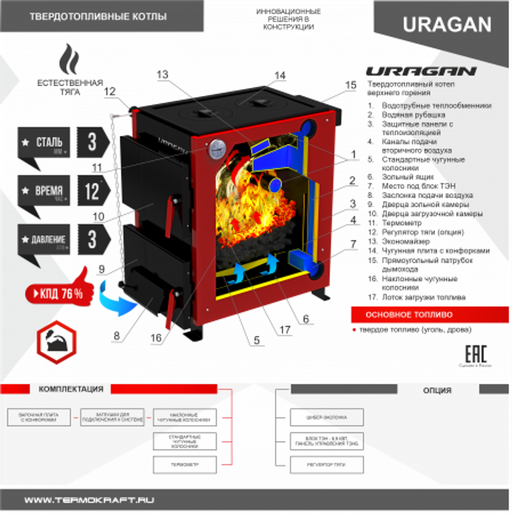 Котел твердотопливный отопительный URAGAN (Ураган) 14 кВт с варочной поверхностью