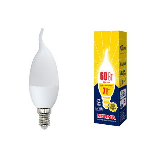 LED-CW37-7W/NW/E14/FR/NR Лампа светодиодная. Форма свеча на ветру, матовая. Серия Norma. Белый свет (4000K). Картон. ТМ Volpe