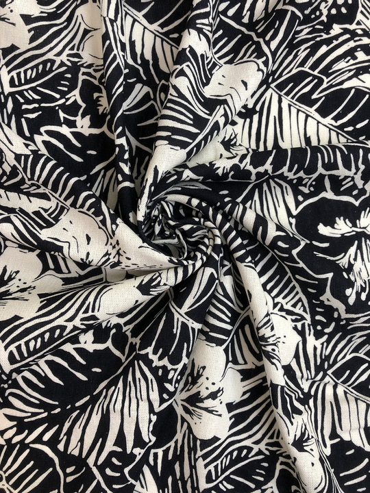 Плательная лен принт цветы белые на черном D2C1