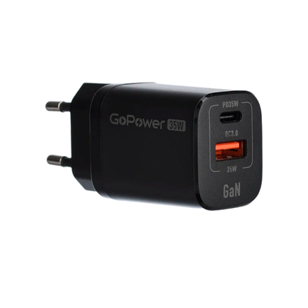 Зарядное устройство сетевое GoPower GPQC09 1USB+1Type-C 35W QC3.0 GaN черный