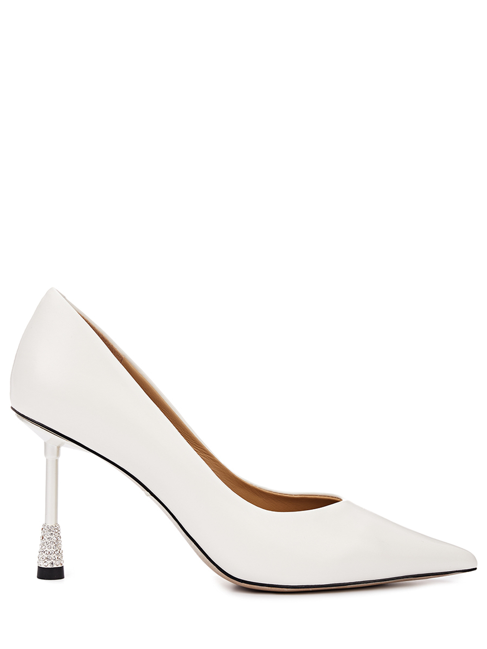 Женские туфли кожаные белые с каблуком со стразами