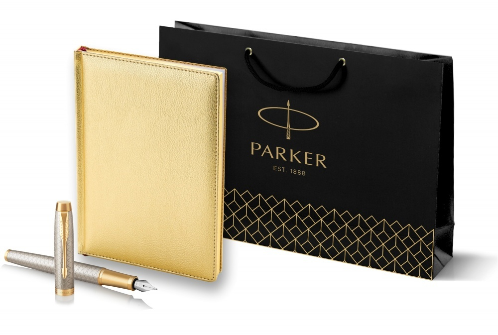 Подарочный набор Parker: ежедневник, ручка перьевая Parker IM Premium Warm Silver Grey GT, цвет чернил синий