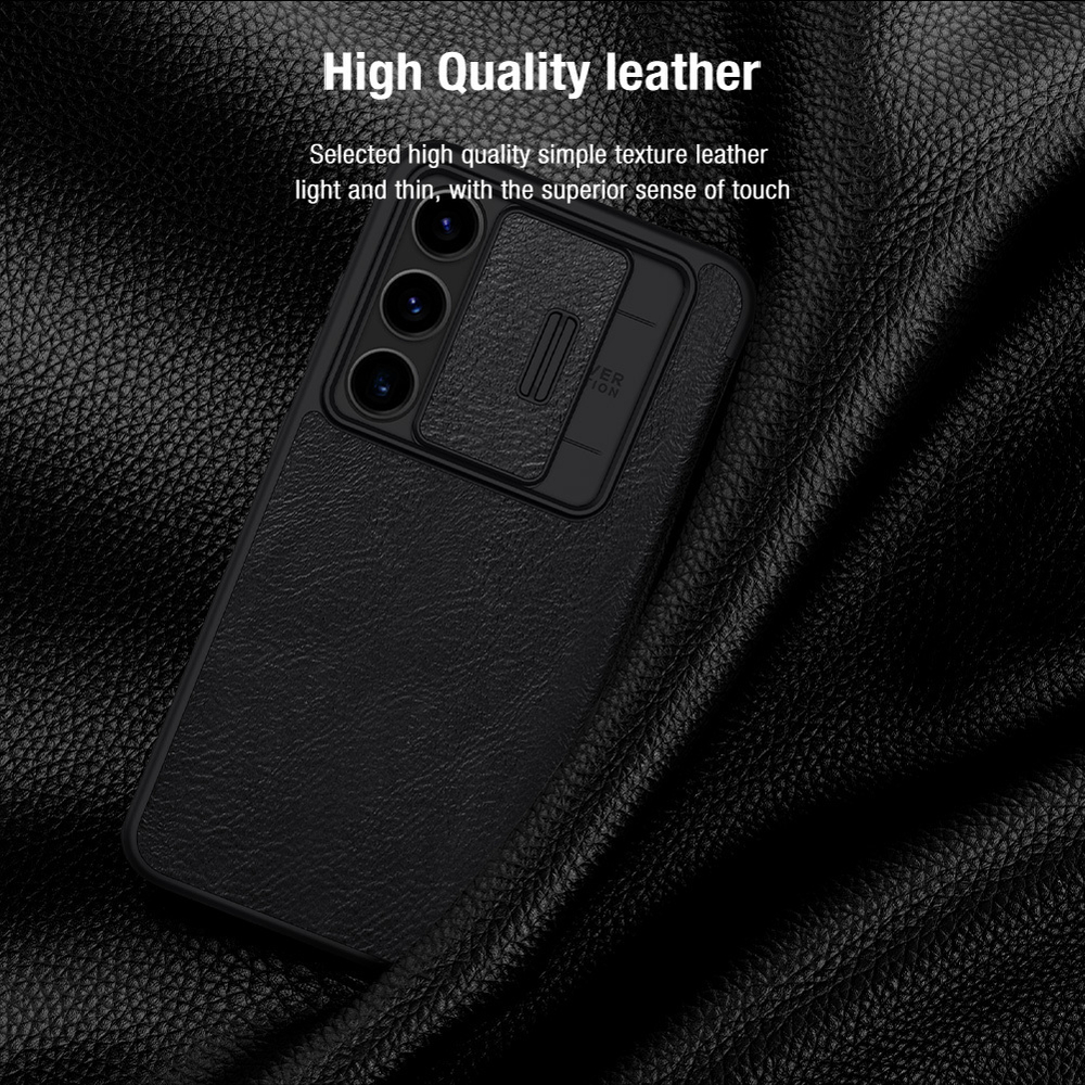 Кожаный чехол книжка черного цвета от Nillkin для Samsung Galaxy S24 FE, серия Qin Pro Leather с защитной шторкой для камеры