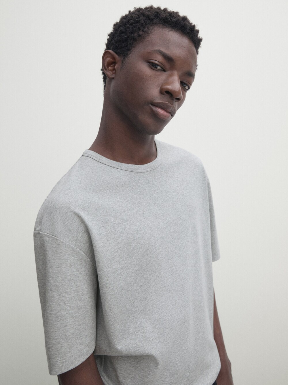 MASSIMO DUTTI Хлопковая футболка с короткими рукавами, серый с меланжевым эффектом