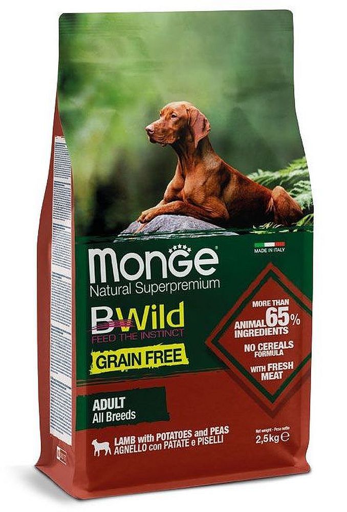 Monge Dog 2,5кг BWild GRAIN FREE беззерновой корм для собак из мяса ягненка с картофелем и горохом