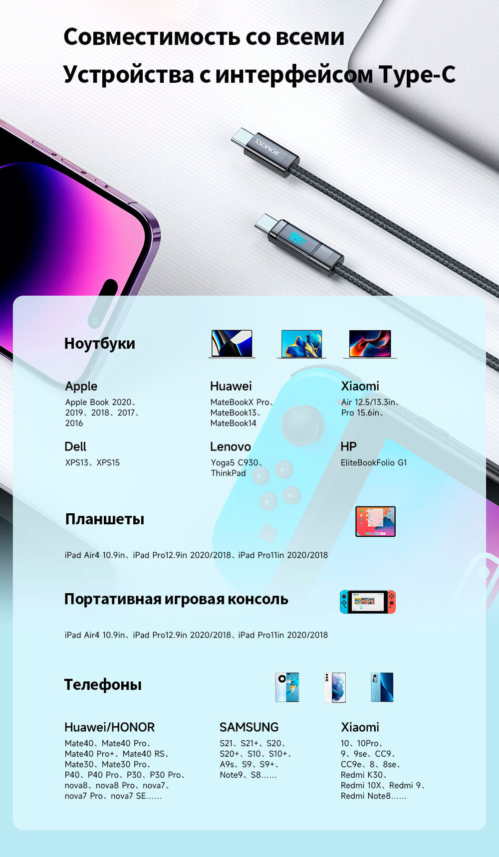 Кабель Romoss CB323S, Type-C - Type-C, 1м, PD 100ВТ, 5A, Чипсет, Дисплей, белый  (для iphone 15 быстрая зарядка)