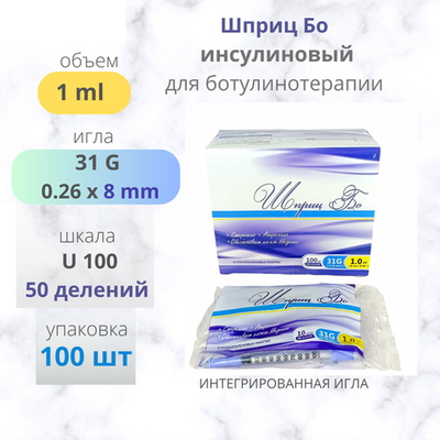 ШПРИЦ БО 1мл 31G 8мм инсулиновый для ботулинотерапии 100шт