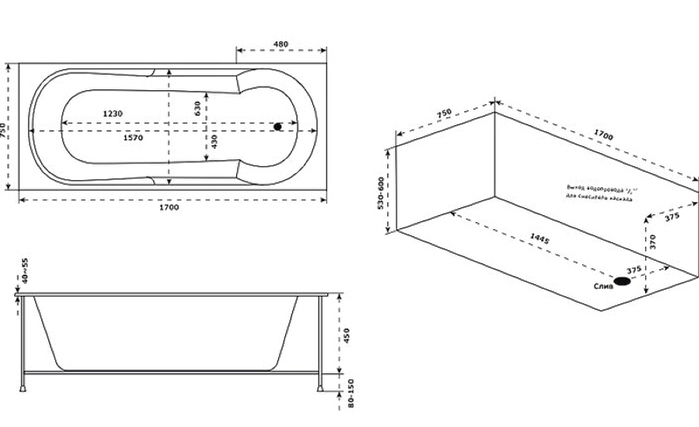 Акриловая ванна Bas (Бас) Энтони 170x75, с каркасом