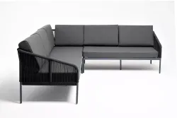 "Канны" диван модульный плетеный из роупа, каркас алюминий темно-серый (RAL7024) муар, роуп темно-серый круглый, ткань темно-серая 027