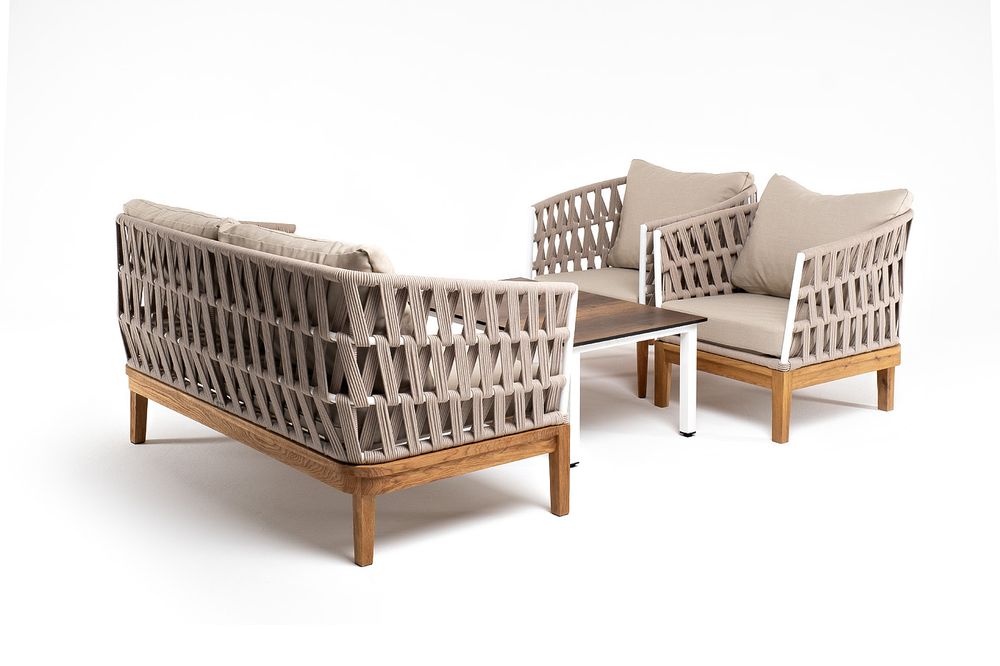 "Диего" лаунж-зона 4-местная плетеная из роупа со столиком "Канны" цвета "дуб", основание дуб, роуп бежевый