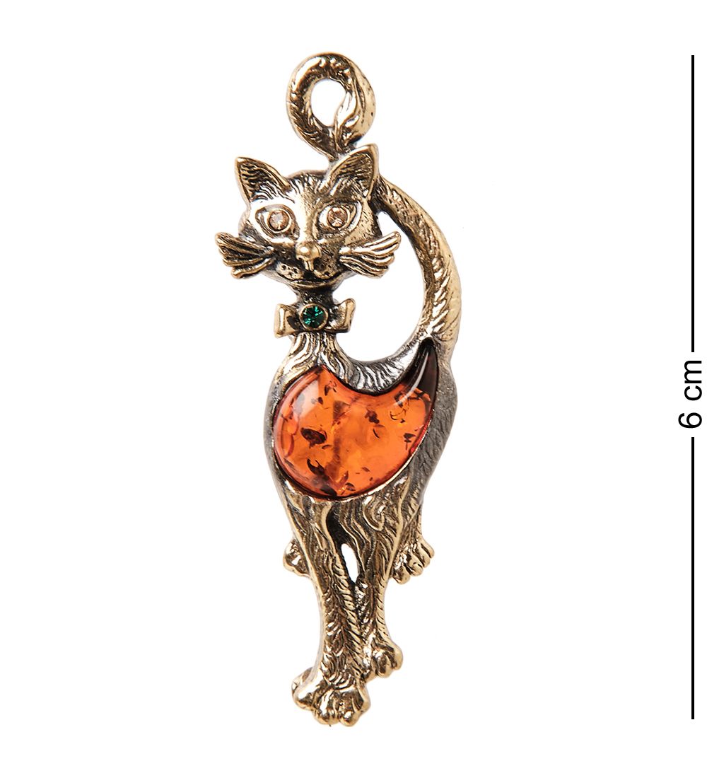AM- 182 Брошь «Кошка гламур» (латунь, янтарь)