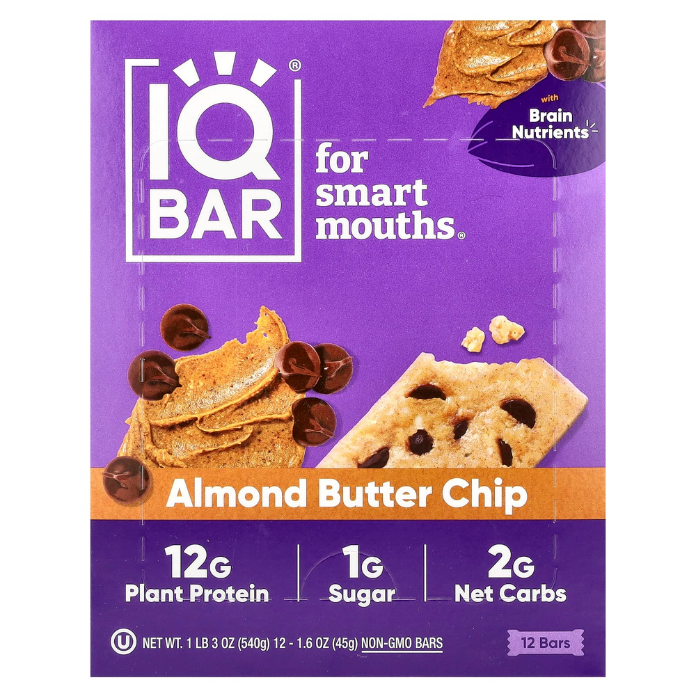 IQBAR, Plant Protein Bar, чипсы из миндального масла, 12 батончиков, по 45 г (1,6 унции)