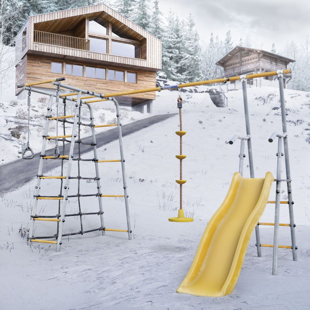 Детский спортивный комплекс для дачи ROMANA Богатырь мини Плюс 2 (желтый/серый) (Качели гнездо 100см)