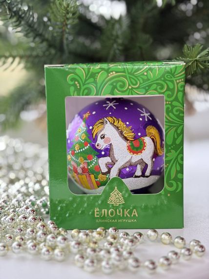 Стеклянный шар Лошадка 90 мм., фиолетовый, стекло, Ёлочка (С206/1)