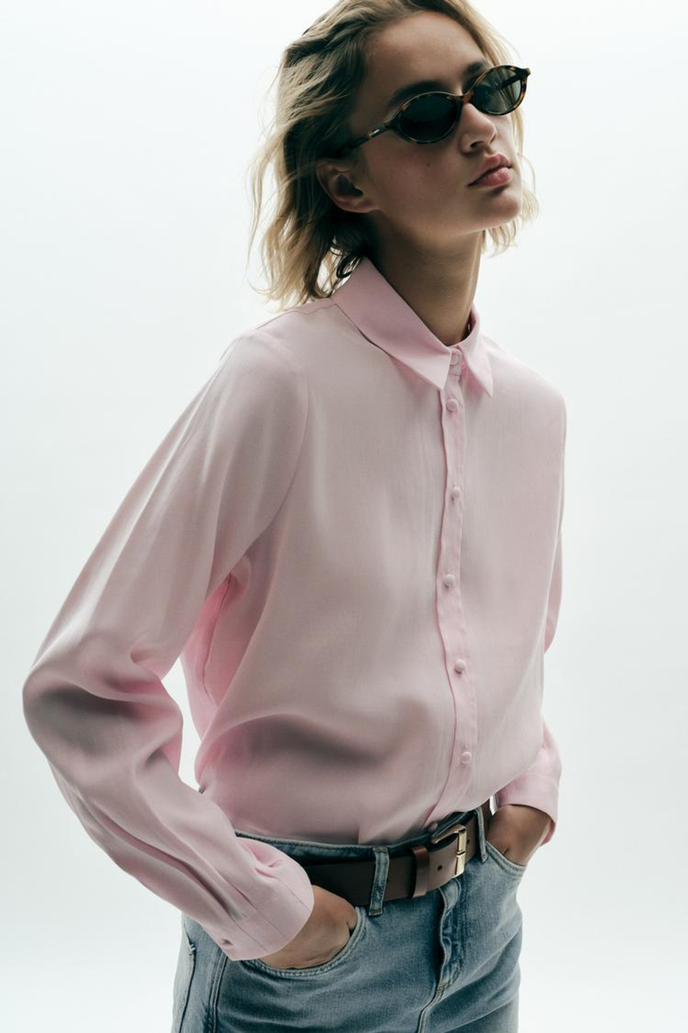 ZARA РУБАШКА СТРУЯЩЕГОСЯ КРОЯ ИЗ МЯГКОЙ ТКАНИ, ПАСТЕЛЬНО-РОЗОВЫЙ