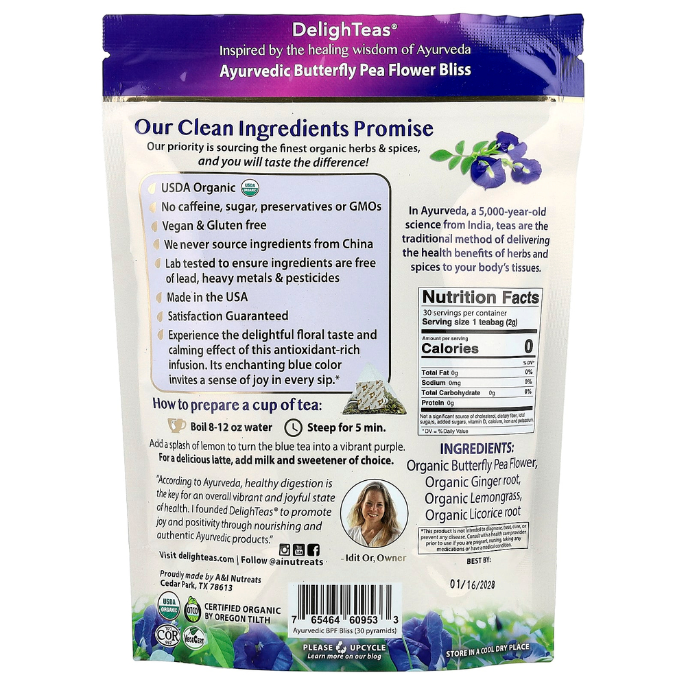 DelighTeas, Ayurvedic Butterfly Pea Flower Bliss, травяной чай, без кофеина, 30 роскошных чайных пакетиков Pyramid, 60 г (2,1 унции)