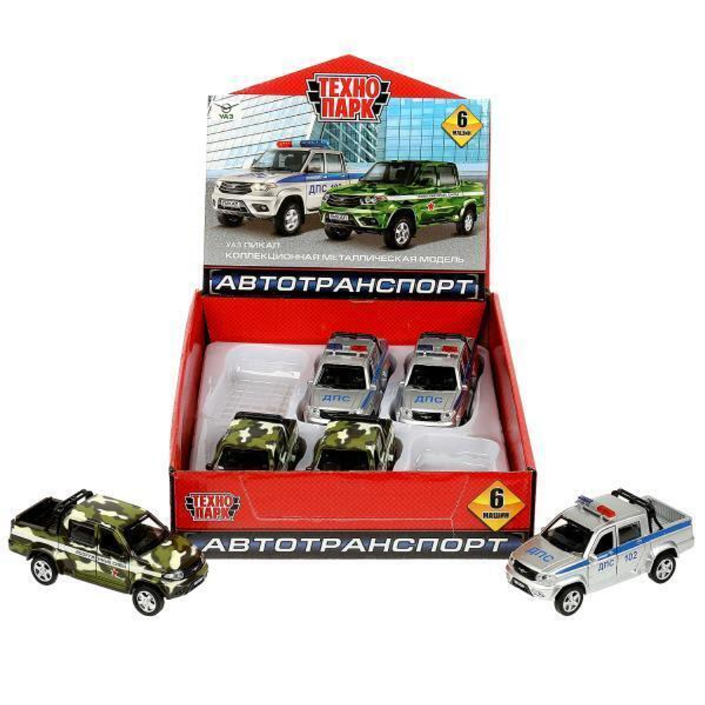 Модель ин. мет. "Уаз пикап. полиция/война" 12см, дв, баг, PICKUP-12DB6-MIP (Технопарк)