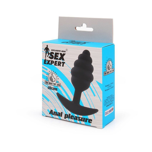 Анальная втулка Sex Expert, черная, ребристая, силикон, 9 см