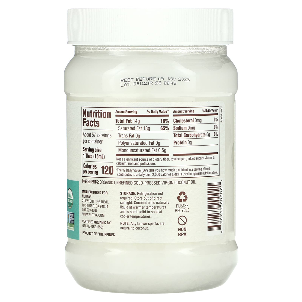 Nutiva, органическое кокосовое масло первого отжима, 858 мл (29 жидк. унций)