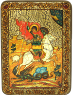 Инкрустированная икона Чудо святого Георгия о змие 29х21см на натуральном дереве в подарочной коробке