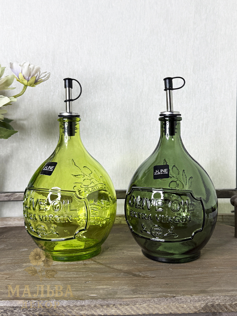 Декоративные бутылки для масла 2 штуки "Олива" зелёные с дозатором от J-LINE